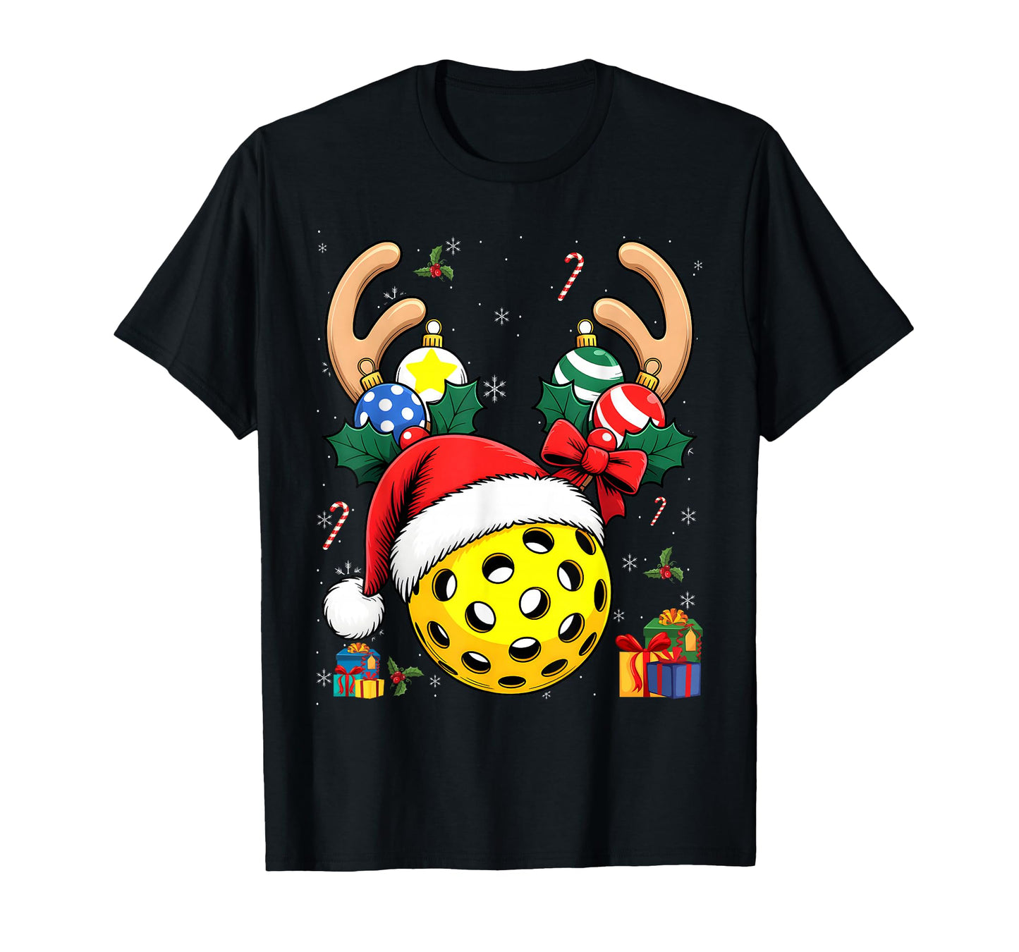 Xmas Reindeer Santa Hat Pickleball Christmas T-Shirt