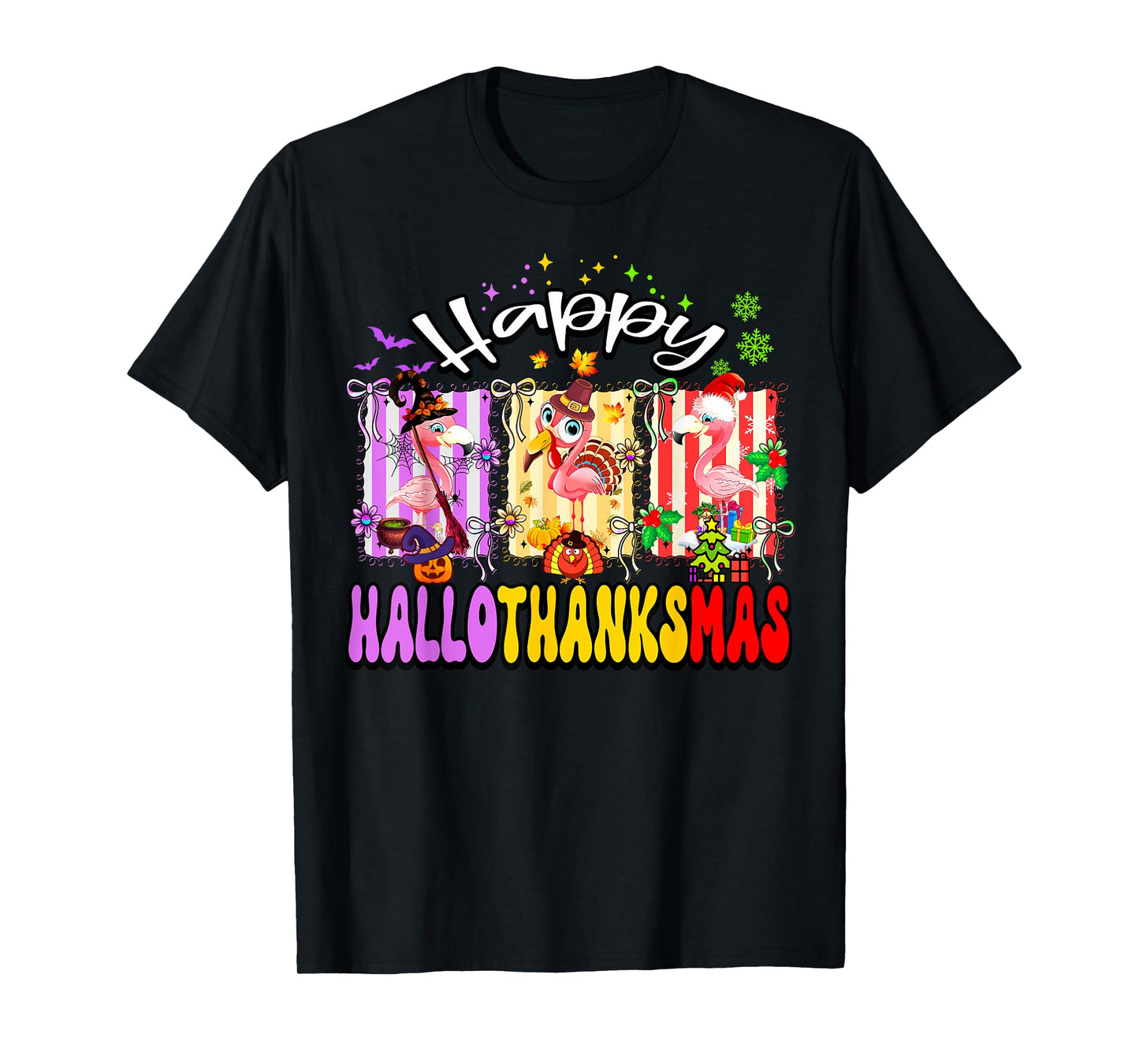 Hallothanksmas Flamingo Halloween Thanksgiving Christmas T-Shirt