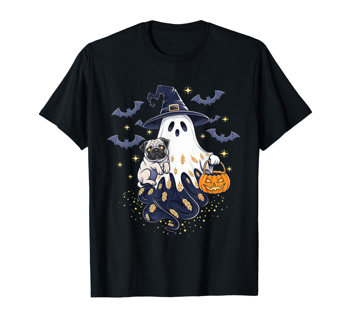 Funny Ghost Witch Holding Pug Pumpkins Vintage Halloween T-Shirt
