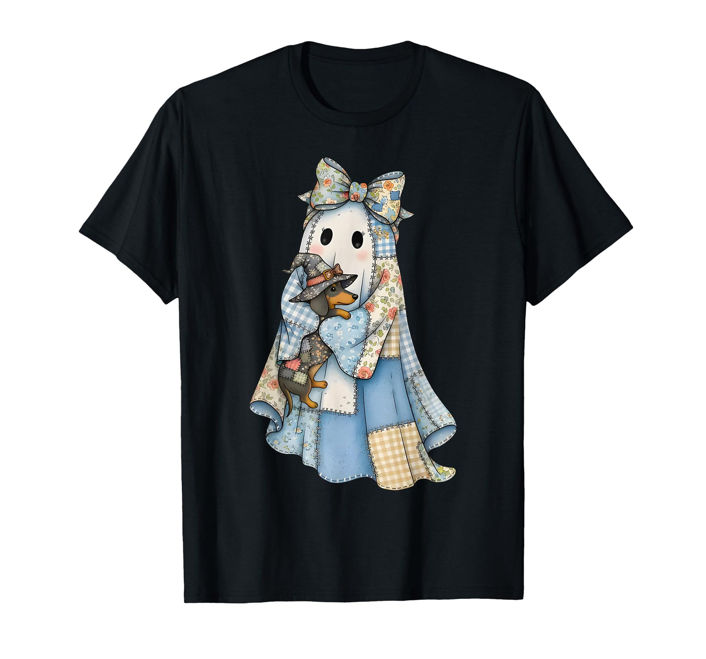 Retro Halloween Blue Denim Ghost Dachshund Funny T-Shirt