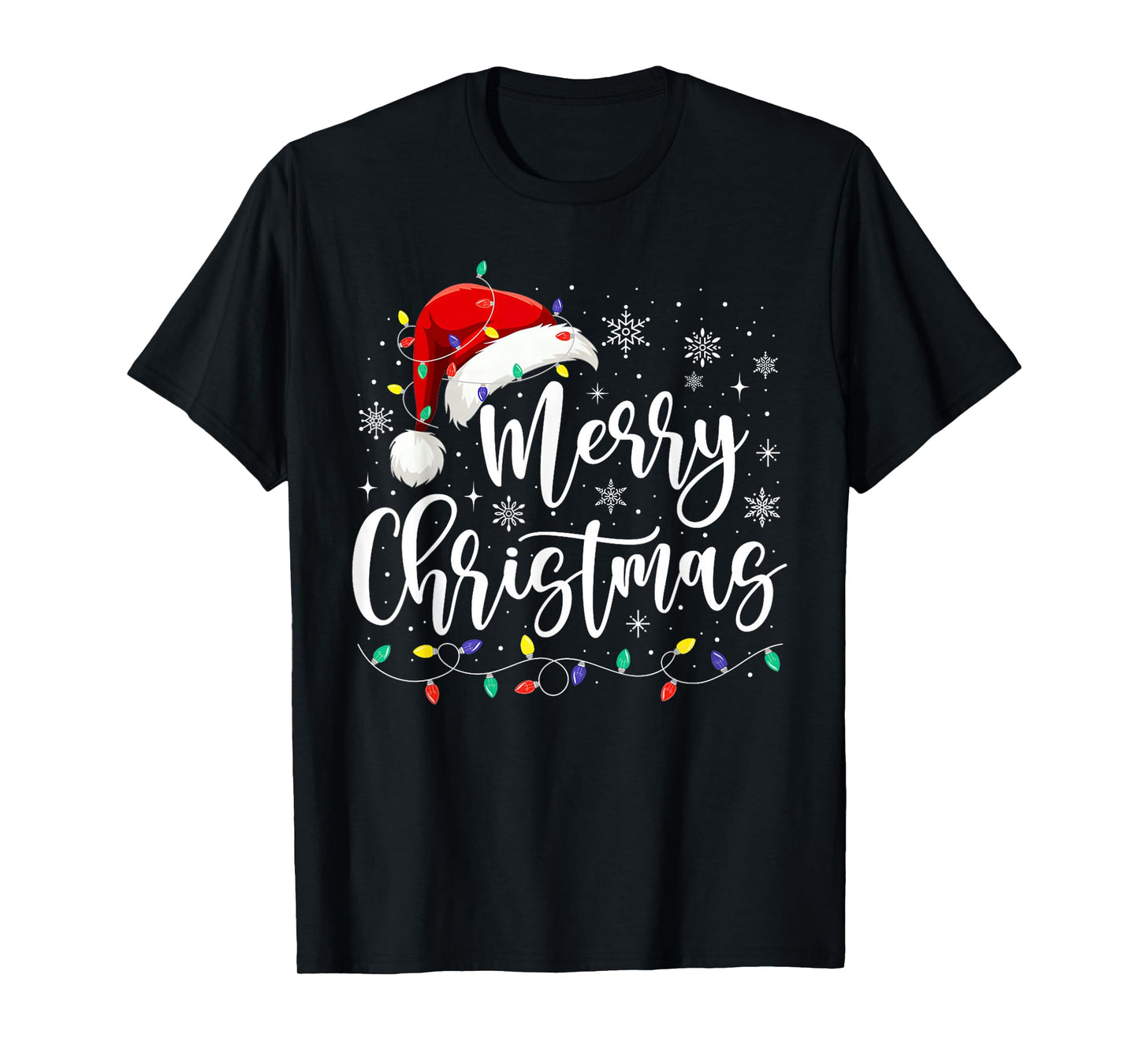 Merry Christmas Lights Red Santa Hat Xmas Family Men Women T-Shirt