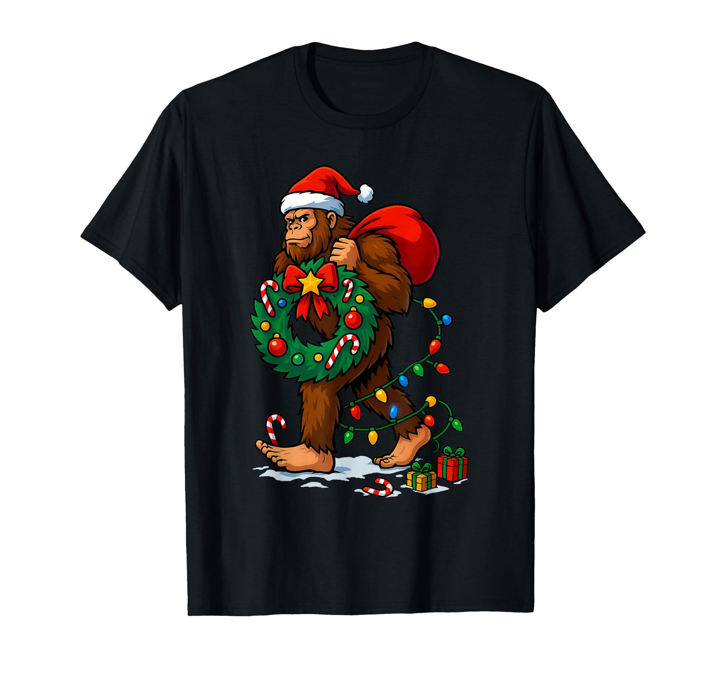 Bigfoot Tree Christmas Lights Snowflake Holiday Candy Xmas T-Shirt