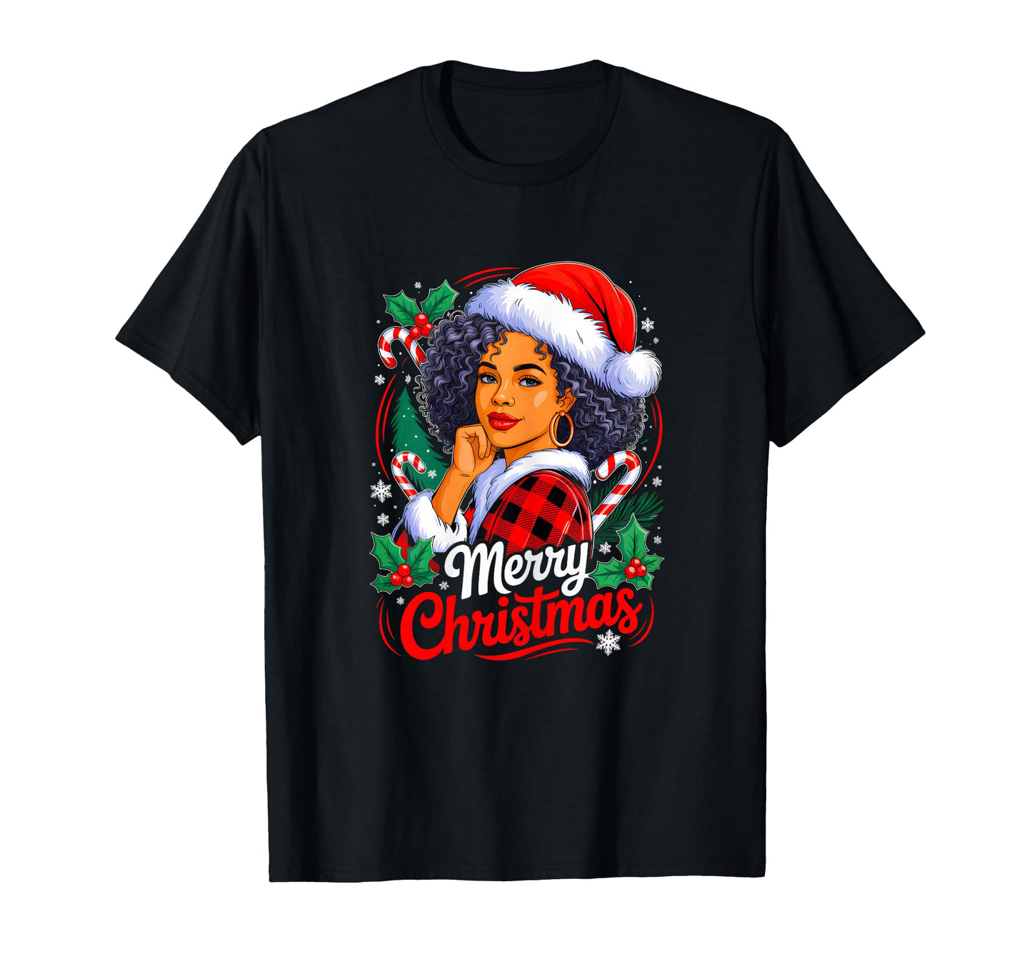 Merry Christmas Black African Girl Santa Hat Xmas Pajamas T-Shirt