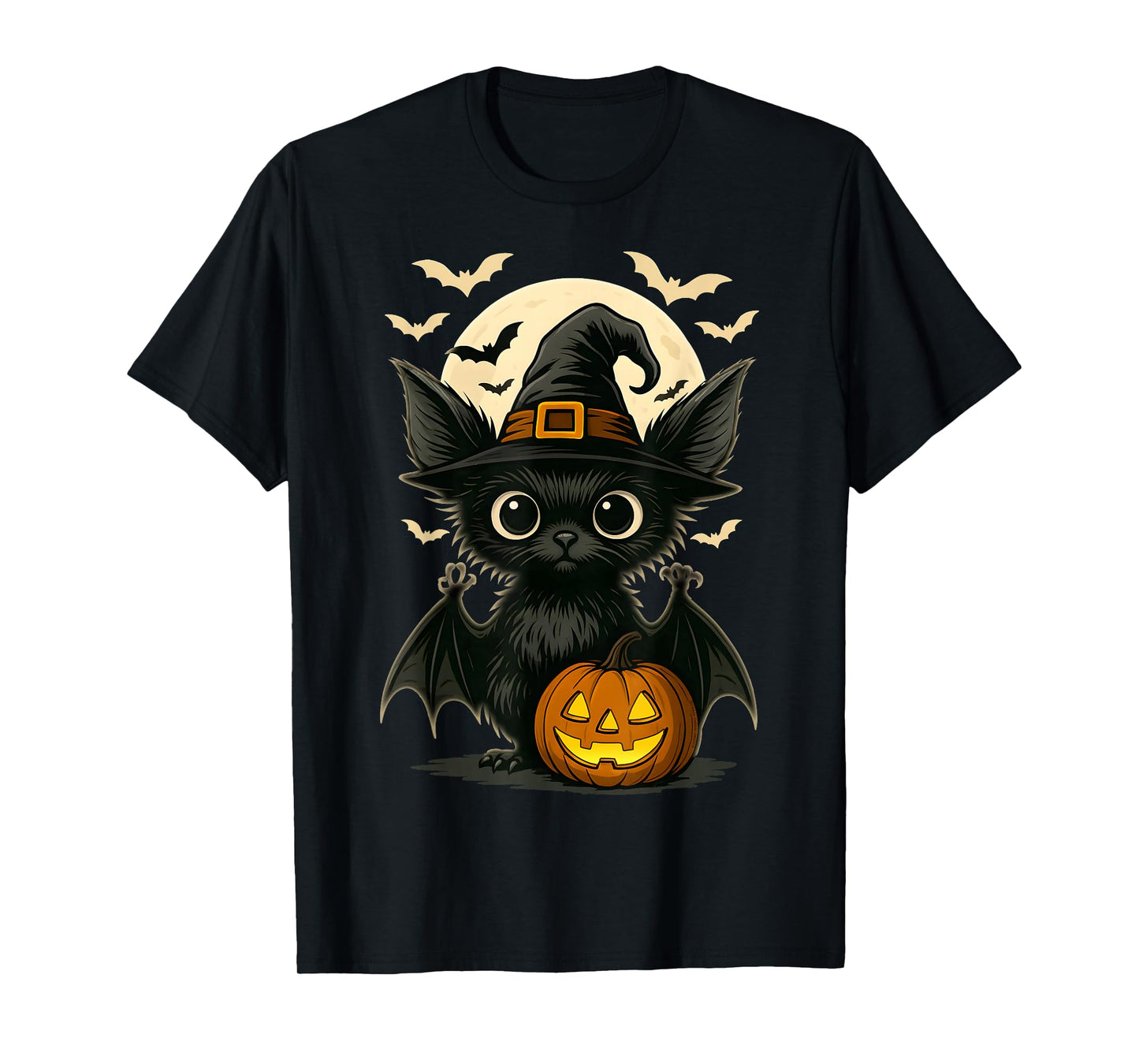 Cute Bat Wearing Witch Hat with Moon and Bats Halloween Bat T-Shirt