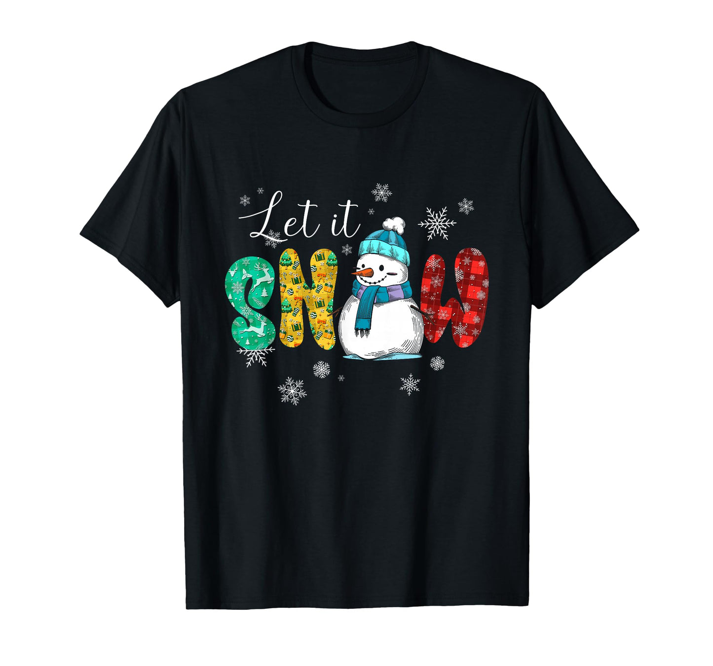 Let Snow Snowman Christmas Buffalo Plaid Santa Snowflakes T-Shirt