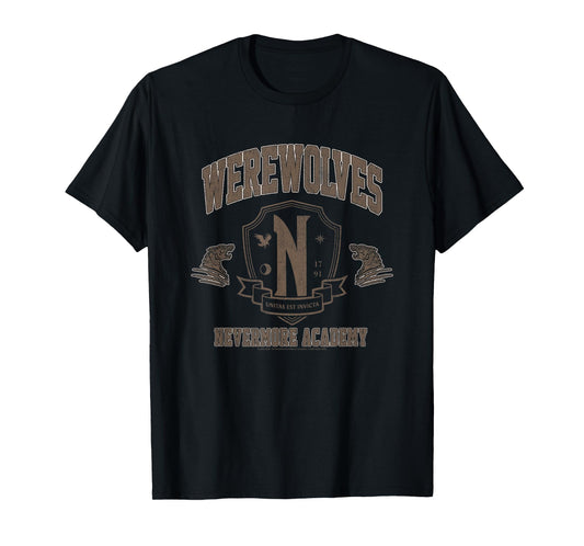 Wednesday Werewolves Nevermore Academy Distressed Chest Logo T-Shirt
