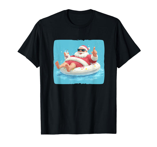 Festive Holiday with This Lazy Cocktail Santa in Pool Ring T-Shirt