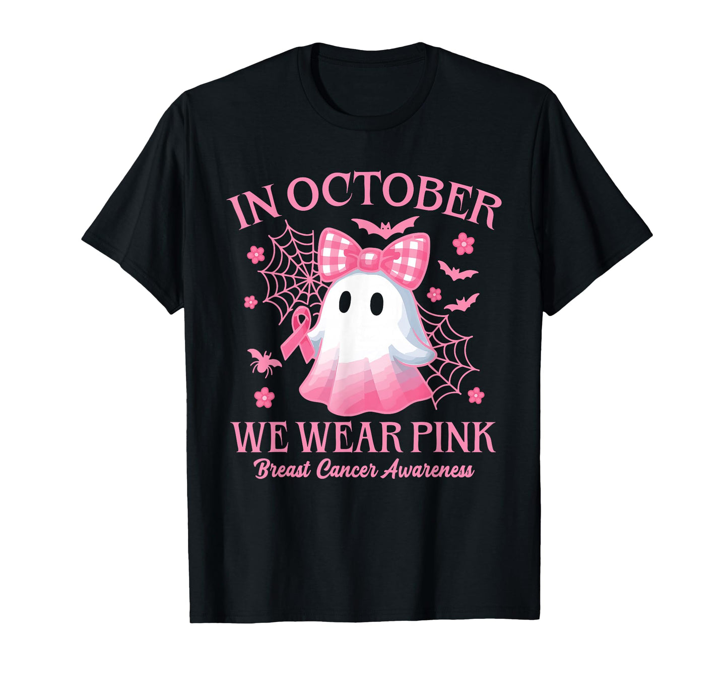in October We Wear Pink Ghost Witch Breast Cancer Awareness T-Shirt