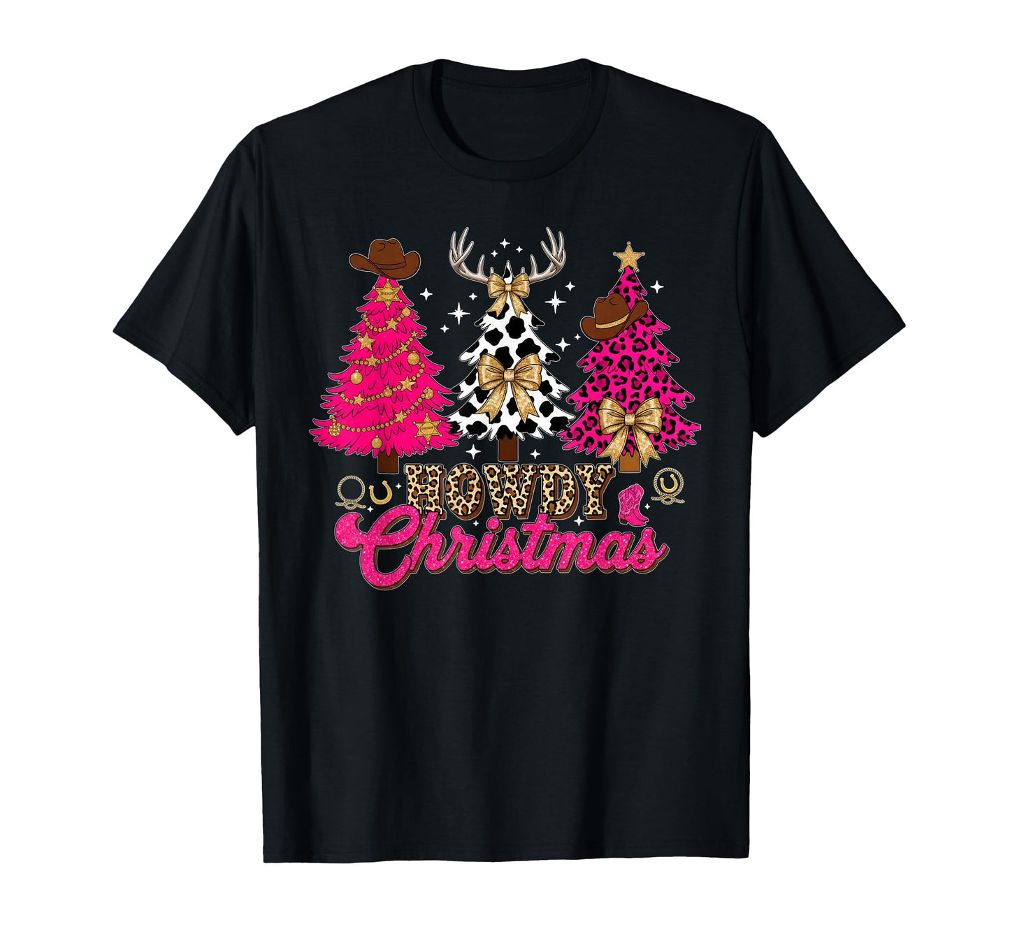 Howdy Christmas Pink Leopard Cow-Print Tree Coquette Cowgirl T-Shirt