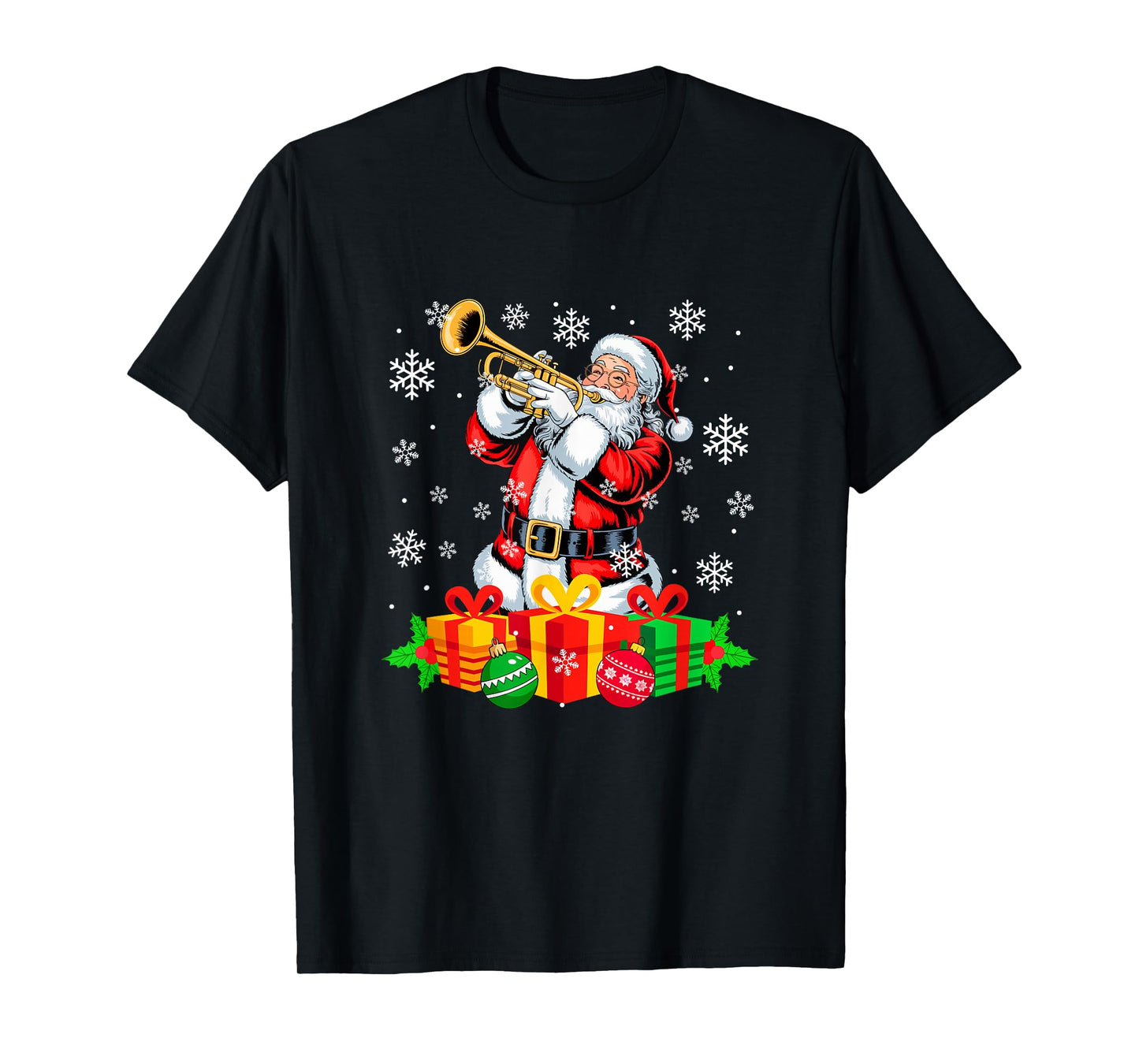 Santa Playing Trumpet Instrument Colorful Christmas Boxes T-Shirt