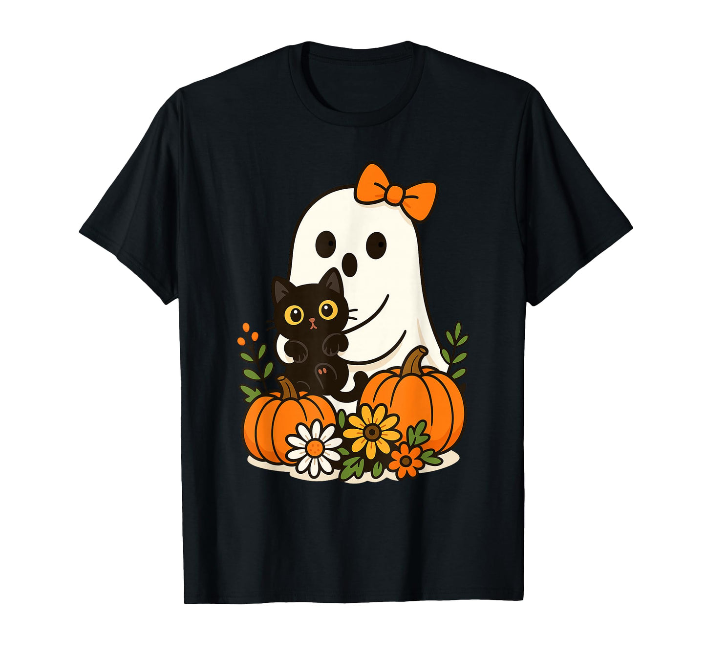 Cute Ghost Holding Black Cat Groovy Floral Halloween T-Shirt