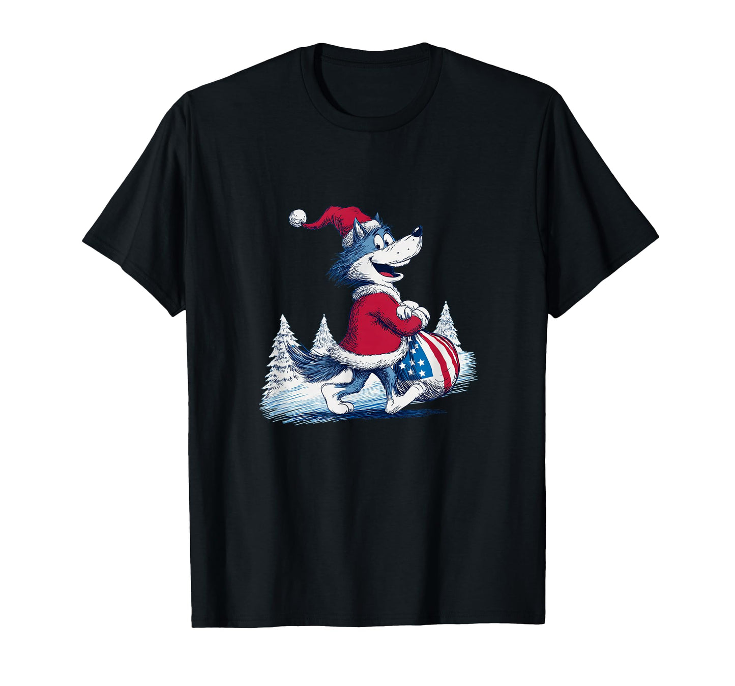 Happy Wolf with Santa Bag for Funny Christmas T-Shirt