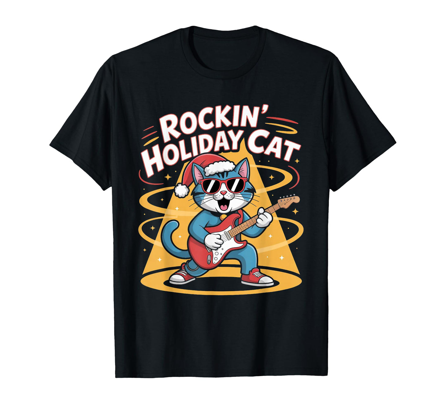 Christmas Santa Hat Cat Playing Guitar Rock and Roll T-Shirt