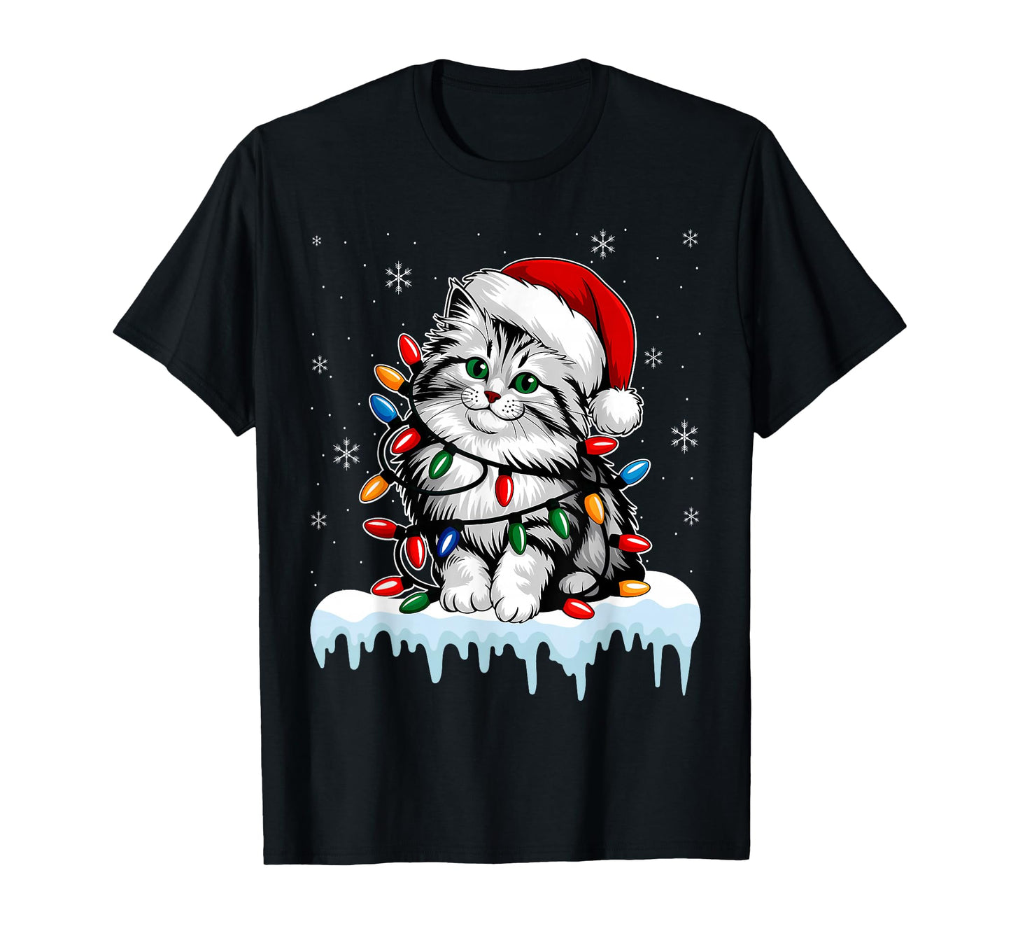 Siberian Cat Christmas Lights Xmas Lover Santa Hat Men T-Shirt