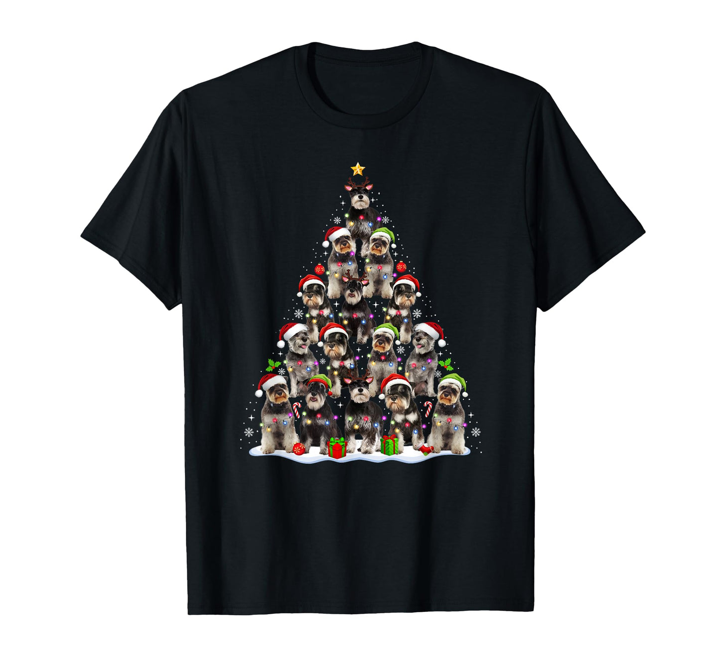 Schnauzer Dog Christmas Tree Lights Funny Xmas Dog Lover T-Shirt