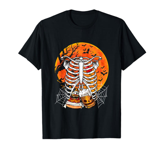 Horror Beer Pizza Inside Rib Cage X-ray Skeleton Halloween T-Shirt
