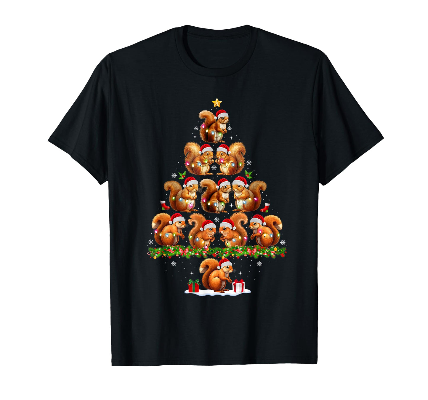 Squirrel Christmas Tree Lights Funny Xmas Family Men Women T-Shirt