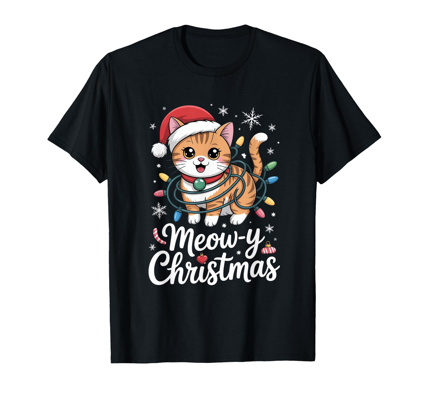 Meow Y Christmas Cute Cat with Santa Hat and Lights T-Shirt