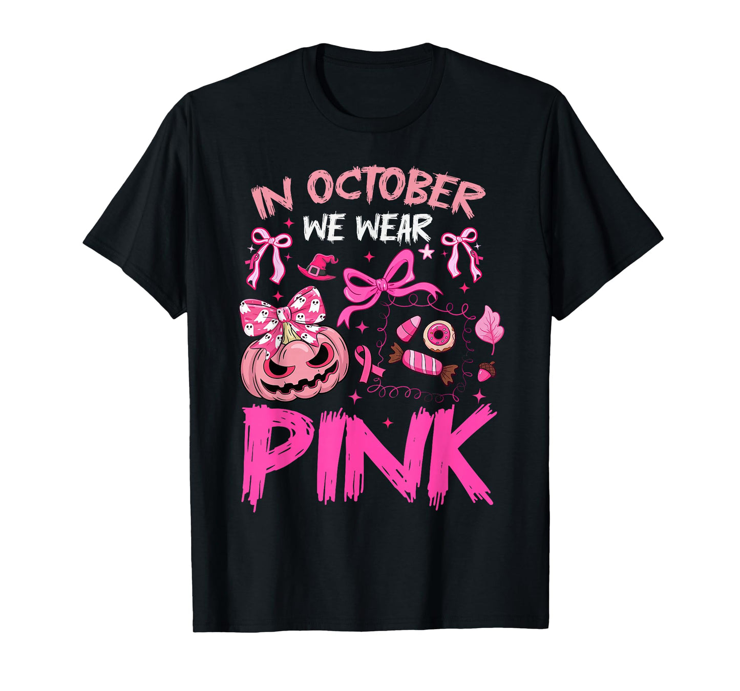 in October We Wear Pink Breast Cancer Halloween Pumpkin Bow T-Shirt
