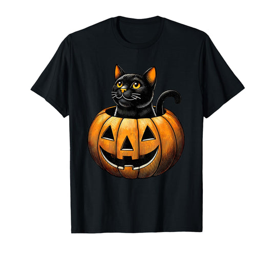 Retro Black Cat in Pumpkin Fun Halloween Costume T-Shirt