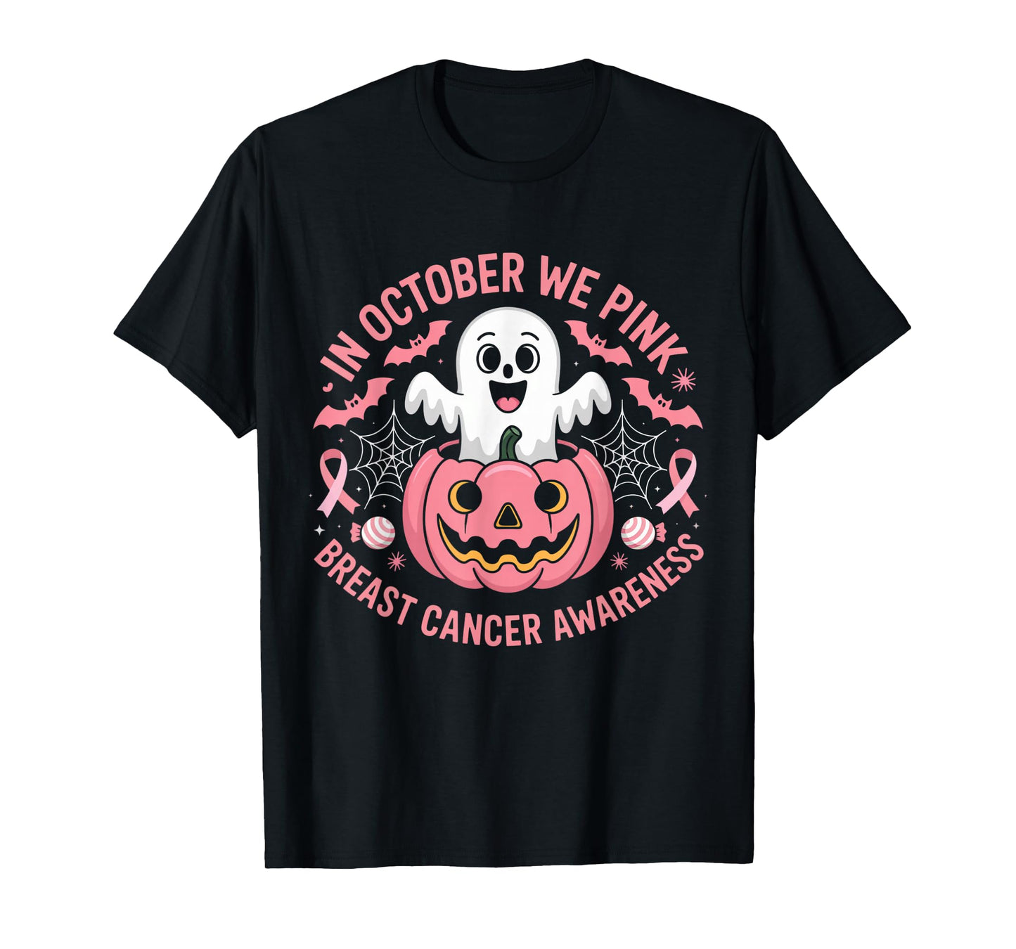 in October We Wear Pink Ghost Witch Breast Cancer Awareness T-Shirt