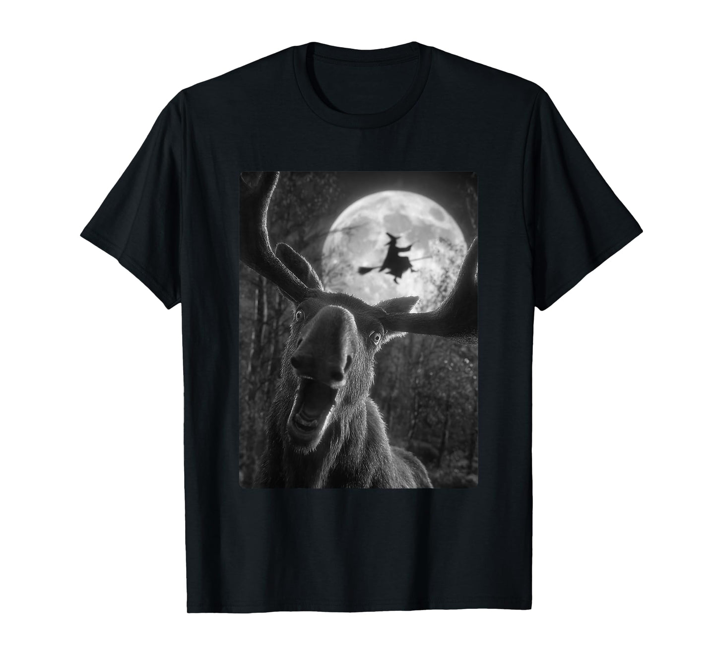 Funny Moose Selfie Full Moon Flying Witch Forest Halloween T-Shirt
