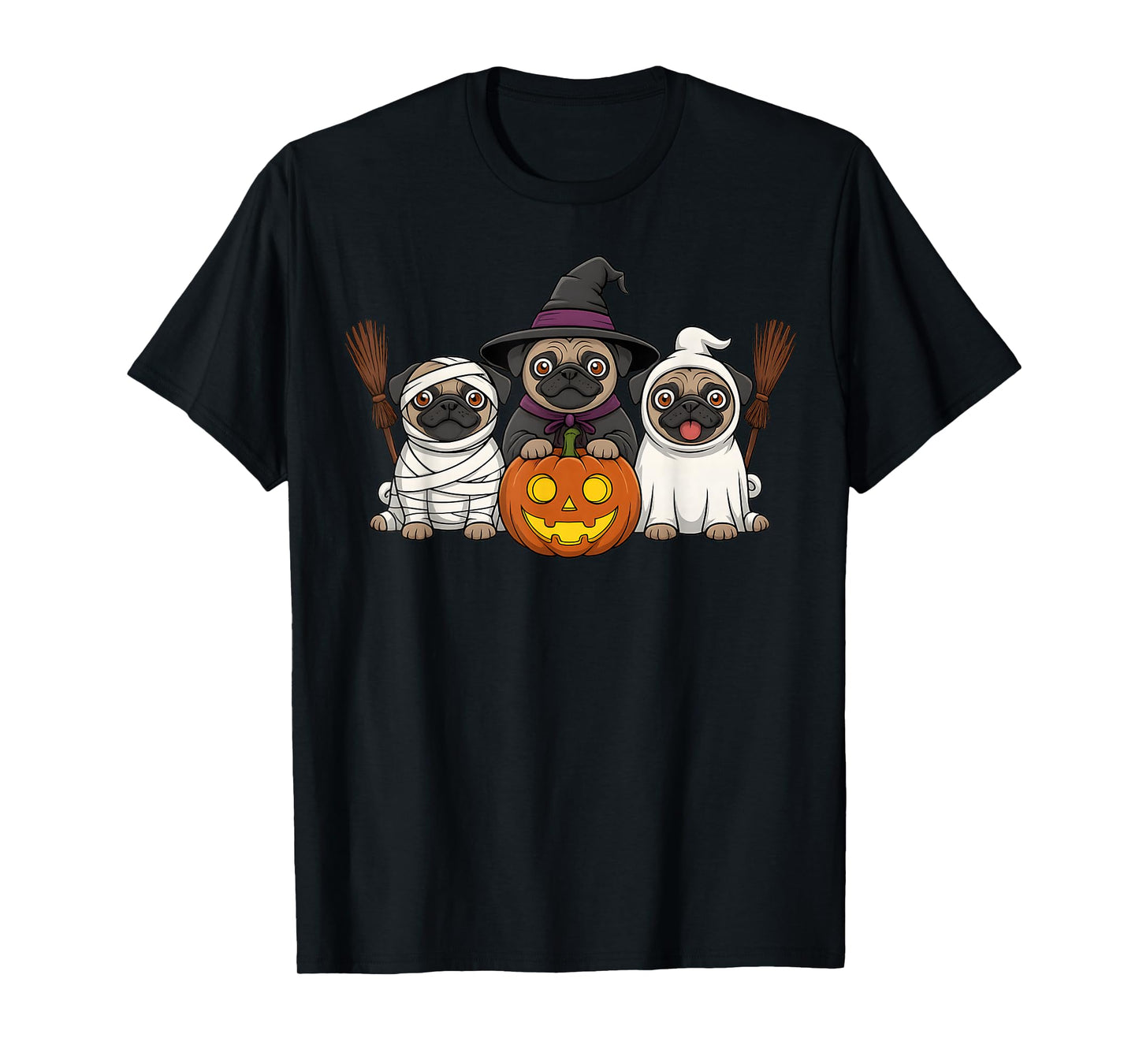 Pug Ghost Witch Pumpkins Halloween Dog Costume T-Shirt