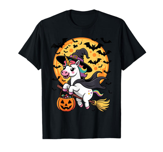 Cute Unicorn Witch Riding Broom Halloween Pumpkin Kids Boys T-Shirt