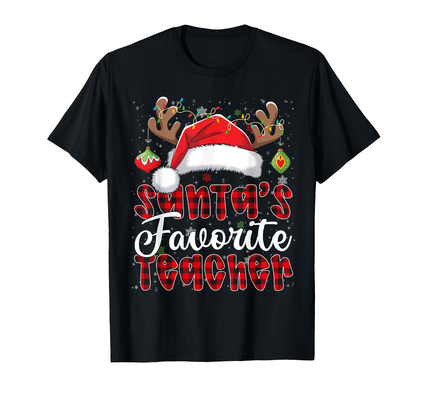 Santa's Favorite Teacher Christmas Santa Hat Reindeer T-Shirt
