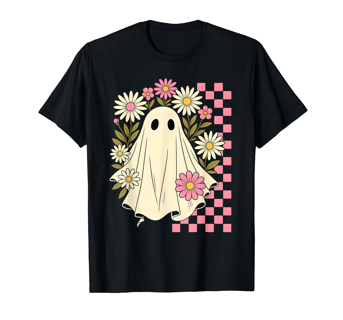 Vintage Pink Flowers Ghost Groovy Halloween Spooky Girls T-Shirt