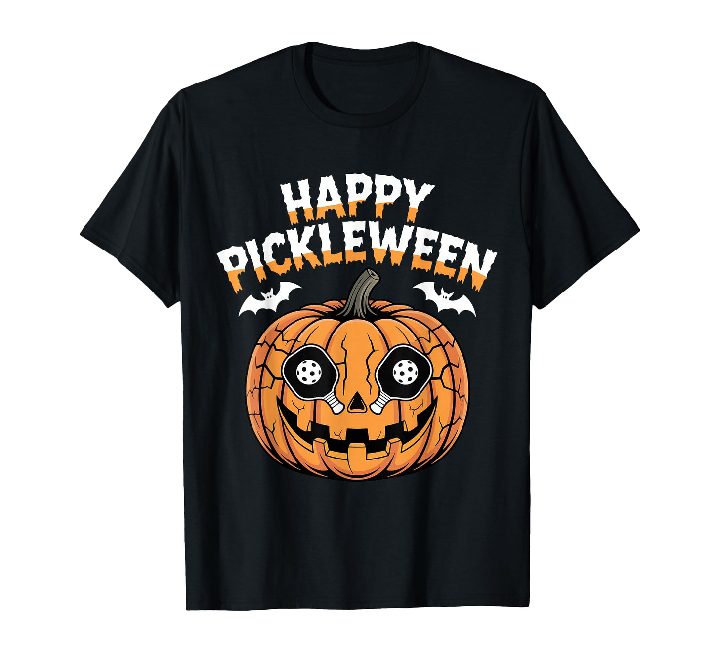 Happy Pickleween Pumpkin Bats Funny Pickleball Halloween T-Shirt
