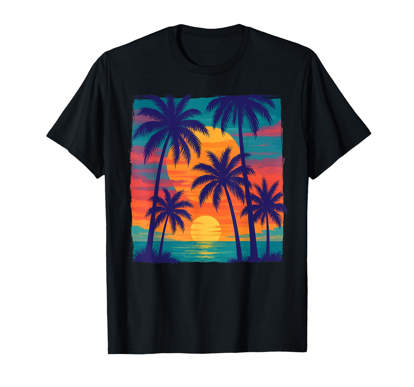 Vintage Tropical Sunset With Palm Trees Summer Beach Vibe T-Shirt