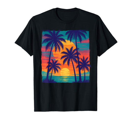 Vintage Tropical Sunset With Palm Trees Summer Beach Vibe T-Shirt