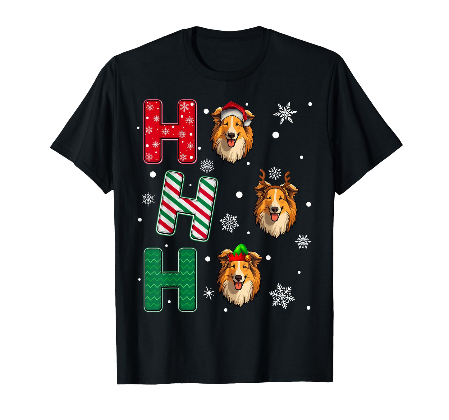 Ho Ho Ho Rough Collie Dog Matching Christmas Santa Elf Xmas T-Shirt