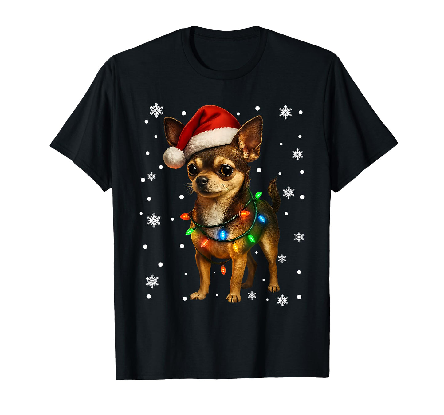 Cute Chihuahua Christmas Lights Santa Hat Design T-Shirt