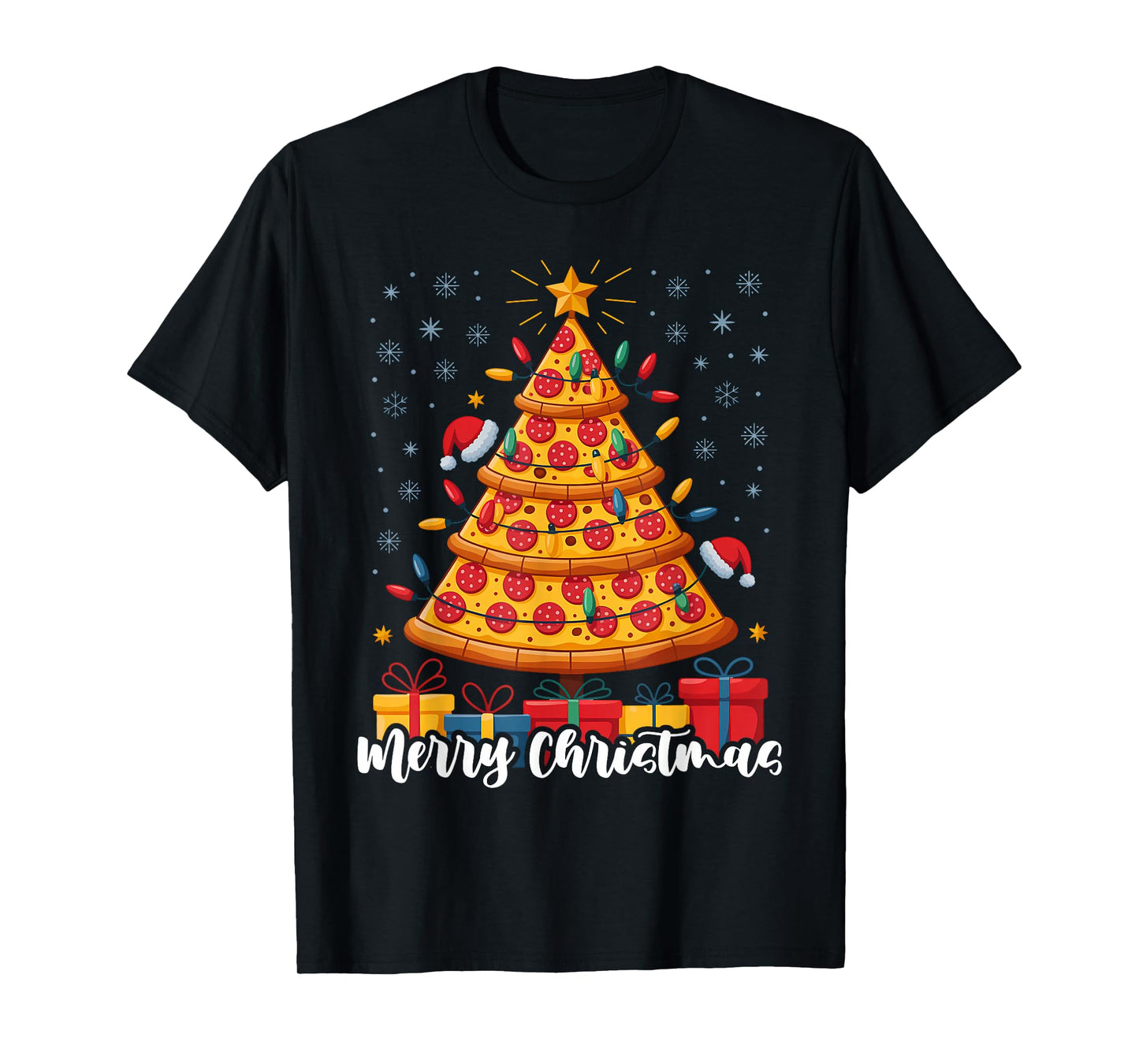 Merry Funny Christmas Tree Lights Santa Pizza Food T-Shirt