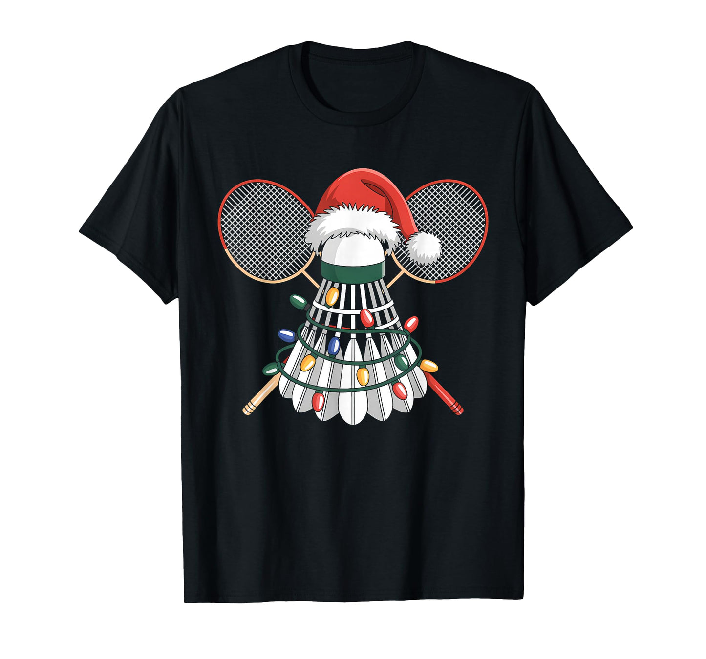 Funny Christmas Badminton Santa Hat Xmas Lights Holiday T-Shirt