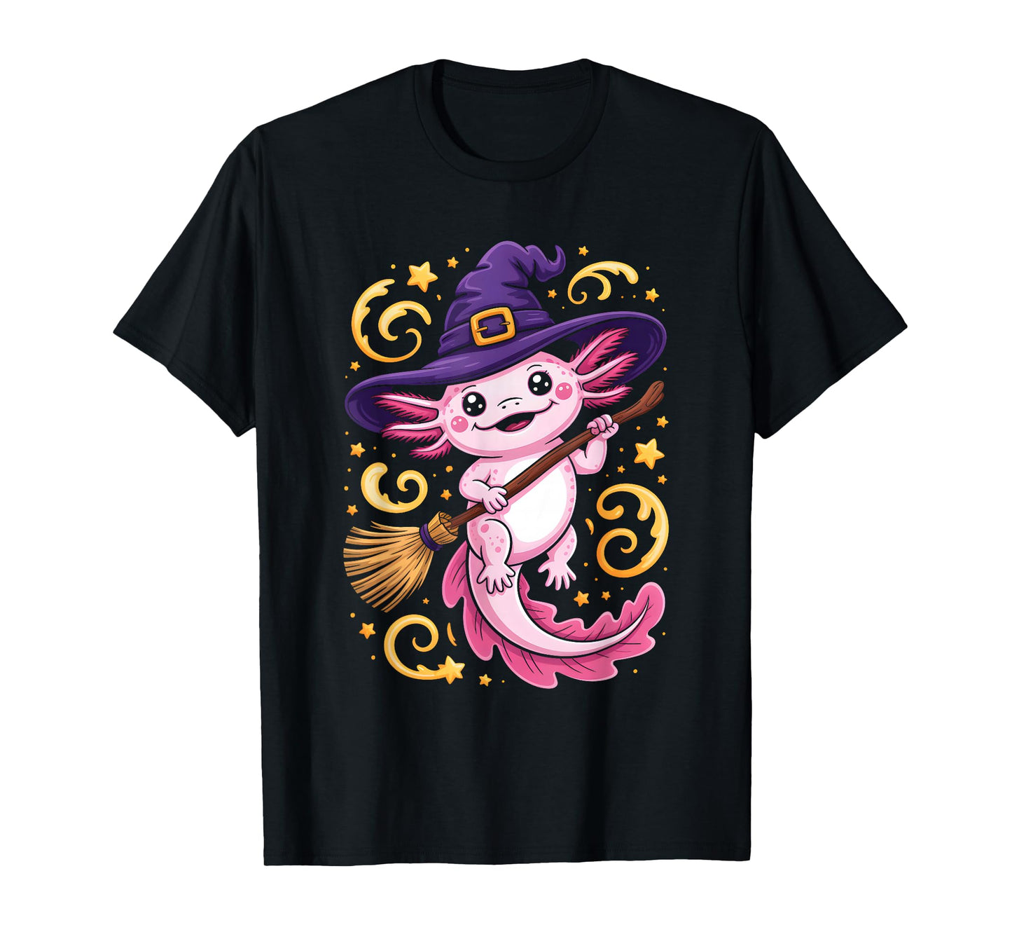 Pink Axolotl Witch Riding Broomstick Stars Swirls Halloween T-Shirt