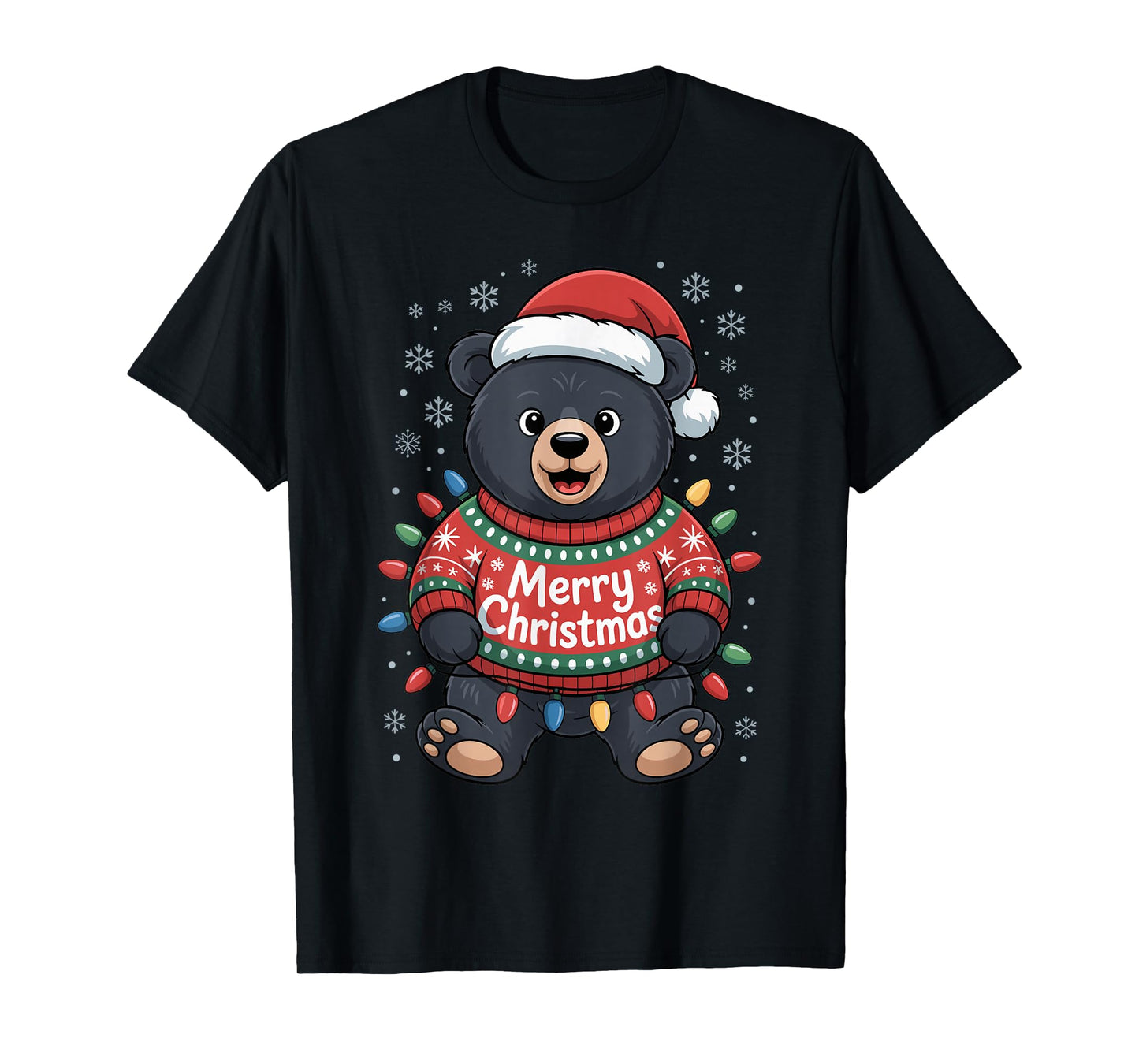 Merry Black Bear Christmas Humor Santa Hat Light Party Funny T-Shirt