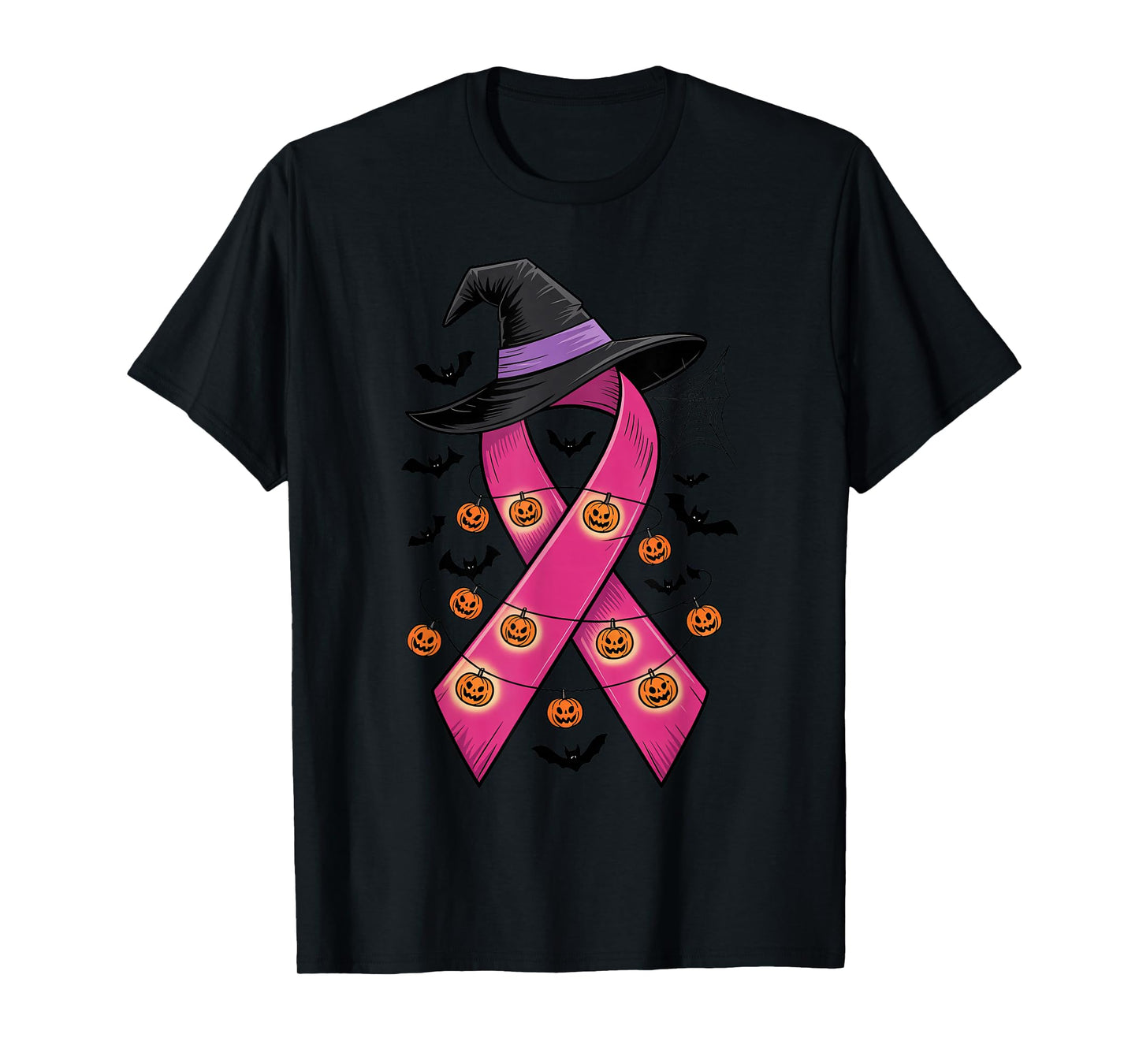 Breast Cancer Warrior Halloween Pink Ribbon Witch Hat Bats T-Shirt