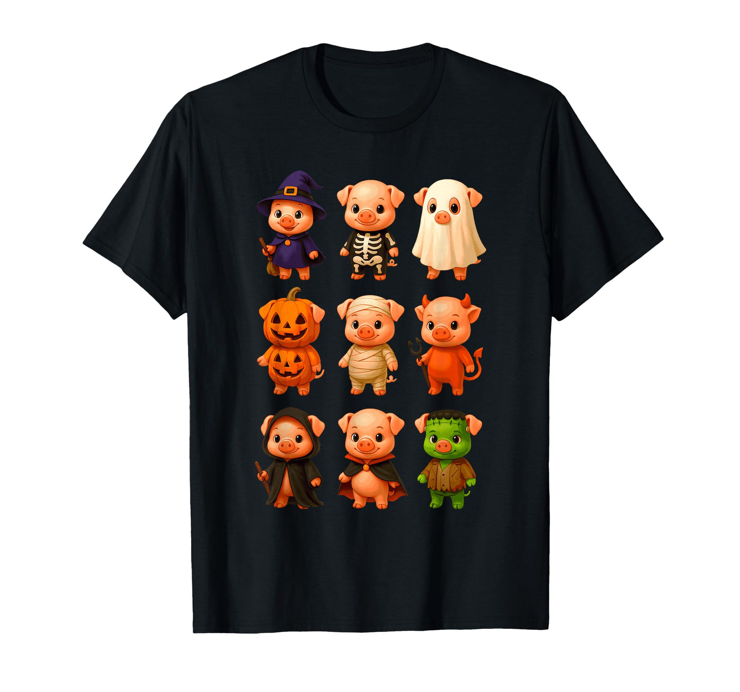 Pigs in Witch Skeleton Ghost Costume Happy Halloween Day T-Shirt