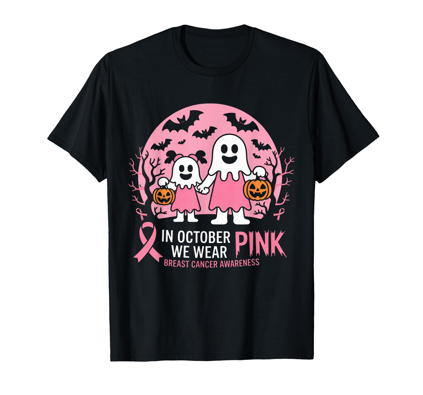 in October We Wear Pink Ghost Witch Breast Cancer Awareness T-Shirt