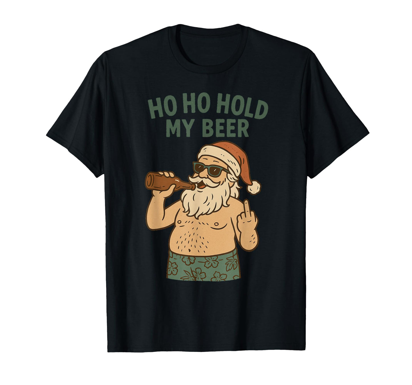 Funny Beach Santa – Ho Ho Hold My Beer, Middle Finger Bird T-Shirt