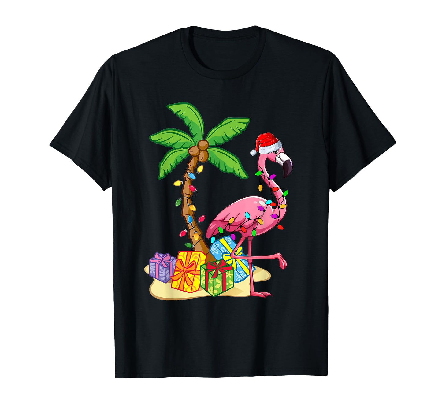 Flamingo Santa Hat Palm Tree Merry Christmas Lights T-Shirt