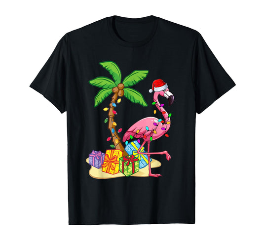 Flamingo Santa Hat Palm Tree Merry Christmas Lights T-Shirt