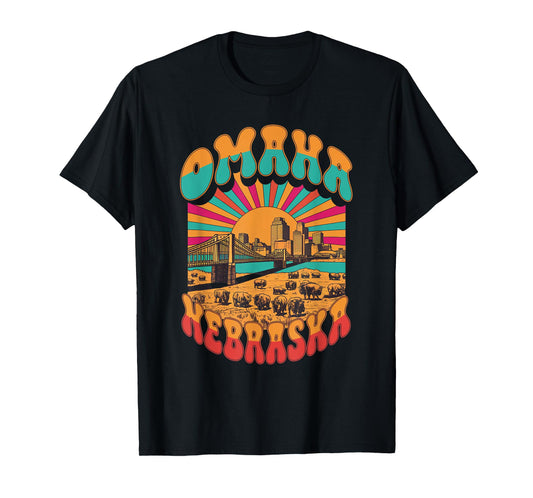 Vintage Omaha Nebraska Sunset Skyline Cityscape T-Shirt