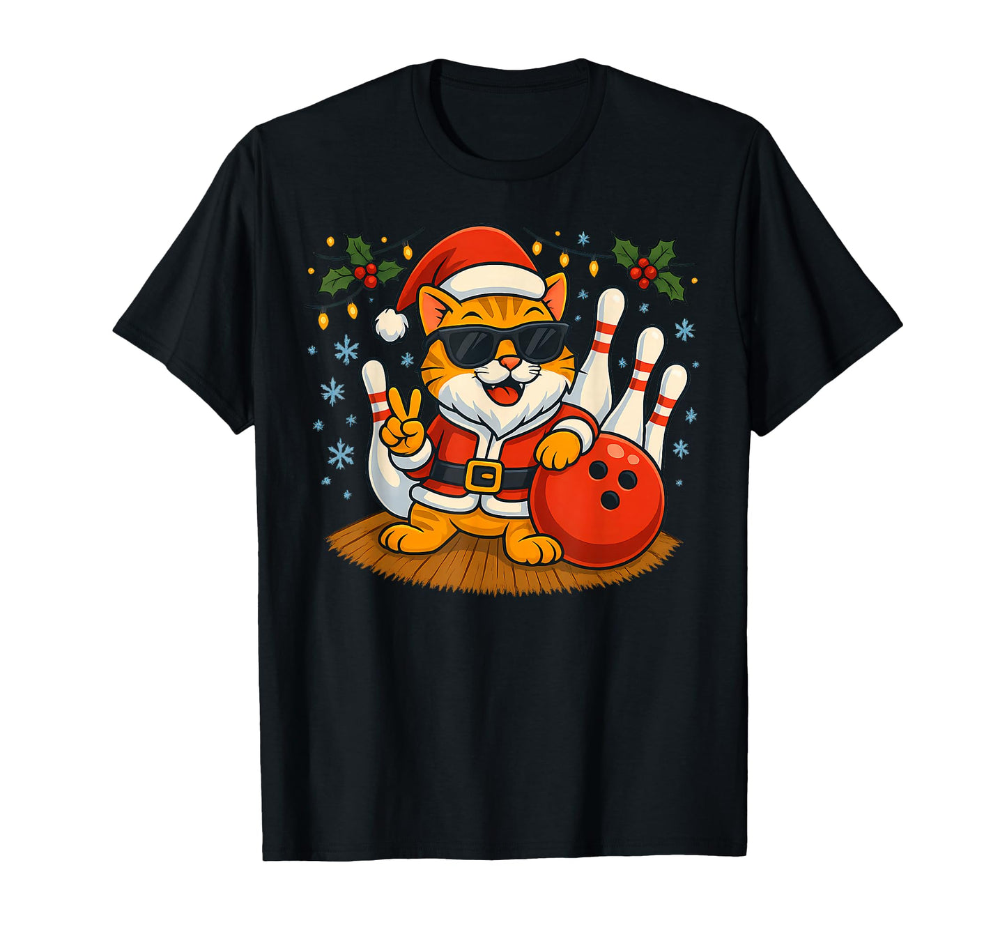 Santa Cat Bowling Christmas Funny Holiday Vibes Men Women T-Shirt
