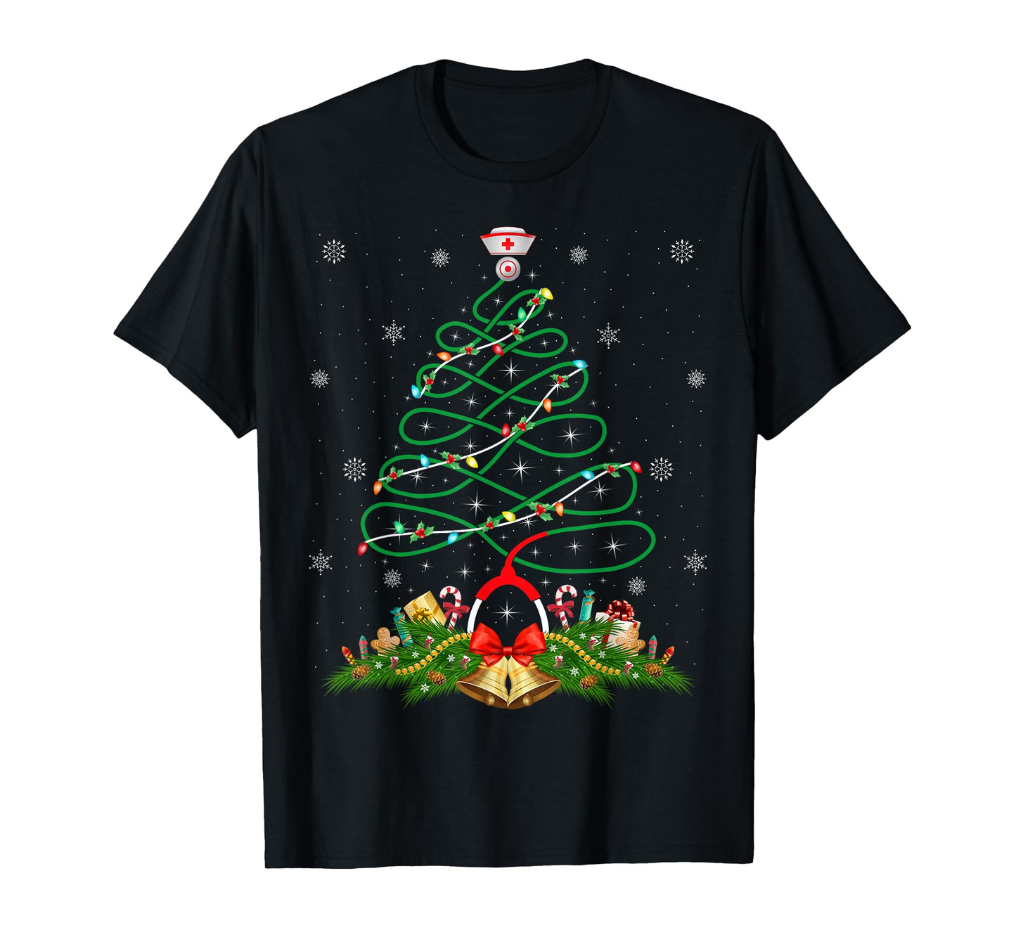 Nurse Christmas Scrub Tops Nursing Stethoscope Xmas Tree T-Shirt