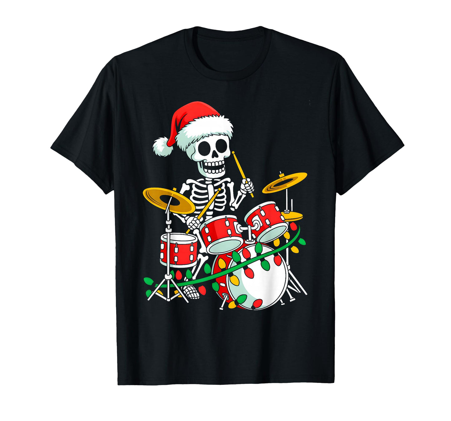 Santa Skeleton Playing Drum Percussionist Drummer Christmas T-Shirt