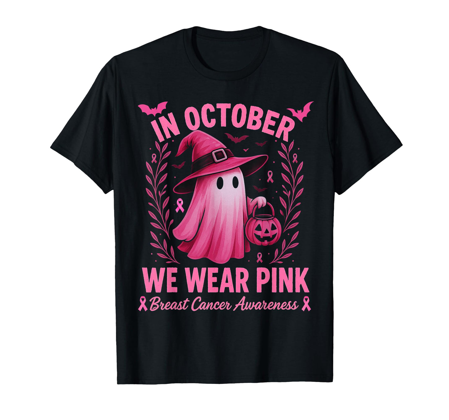 in October We Wear Pink Ghost Witch Breast Cancer Awareness T-Shirt